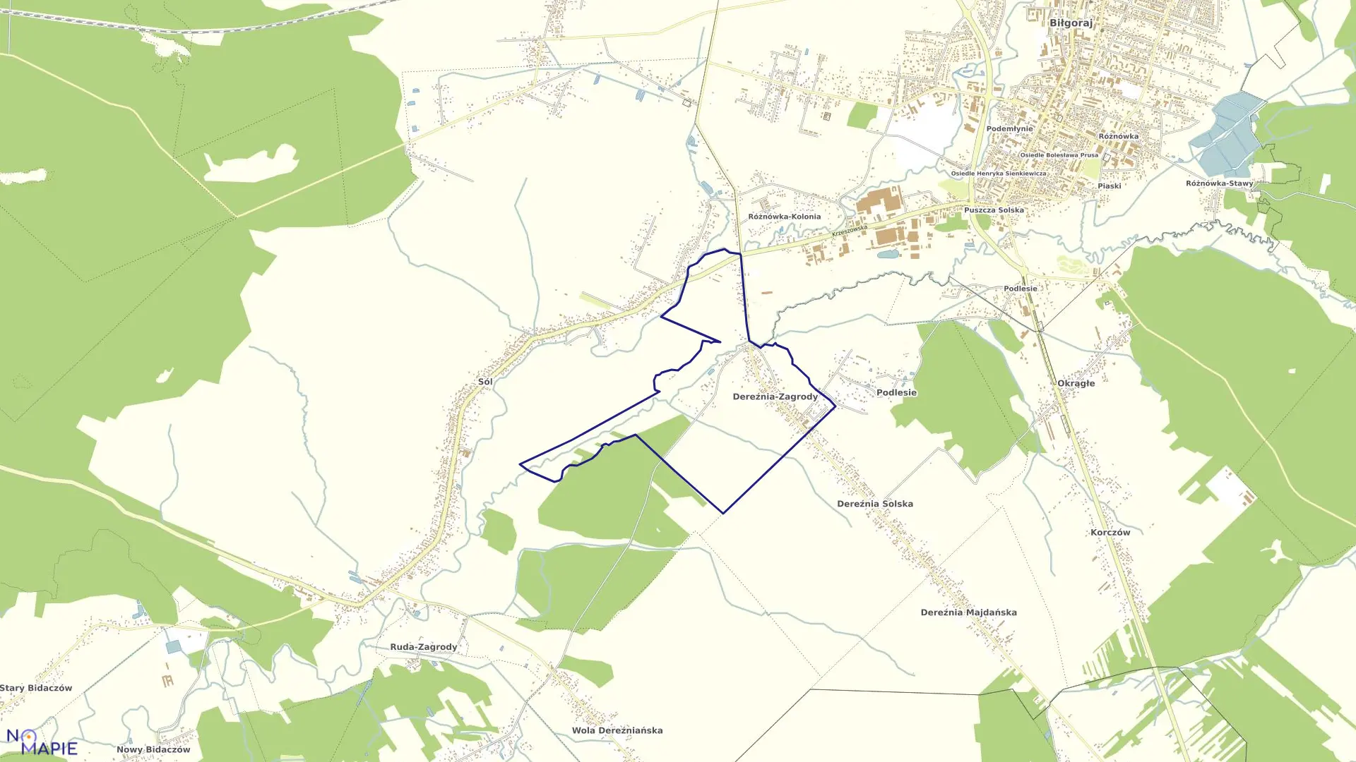 Mapa obrębu DEREŹNIA ZAGRODY w gminie Biłgoraj