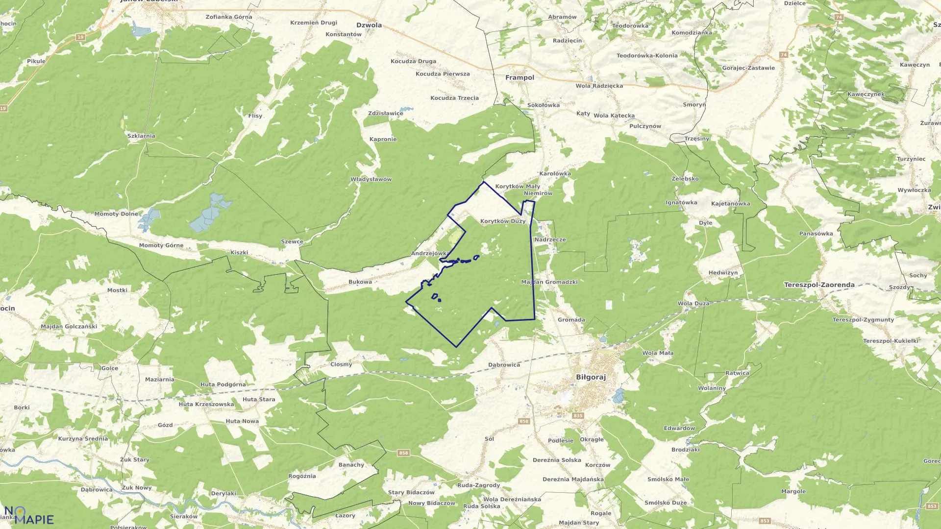 Mapa obrębu KORYTKÓW DUŻY w gminie Biłgoraj