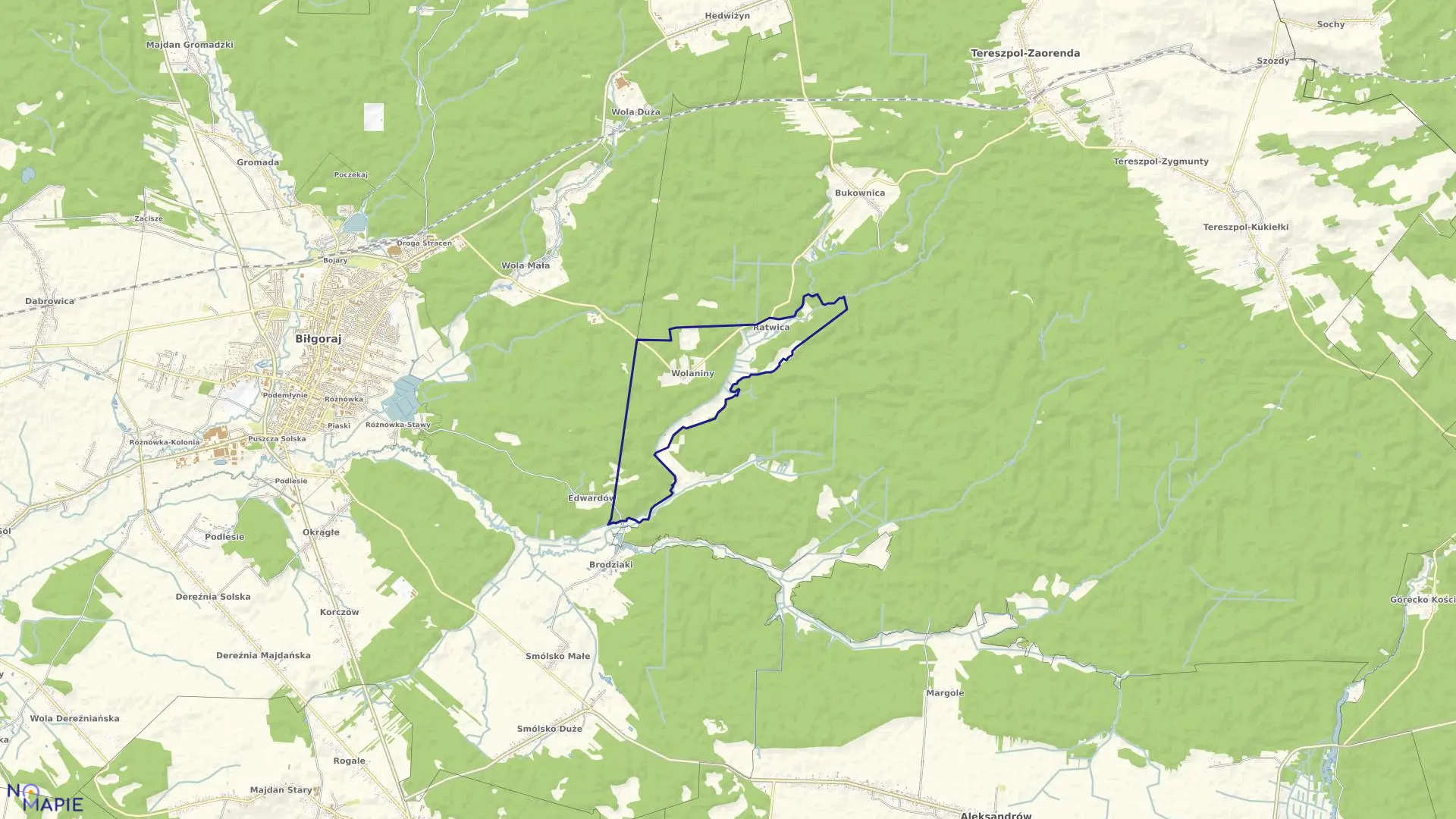 Mapa obrębu WOLANINY RATWICA w gminie Biłgoraj